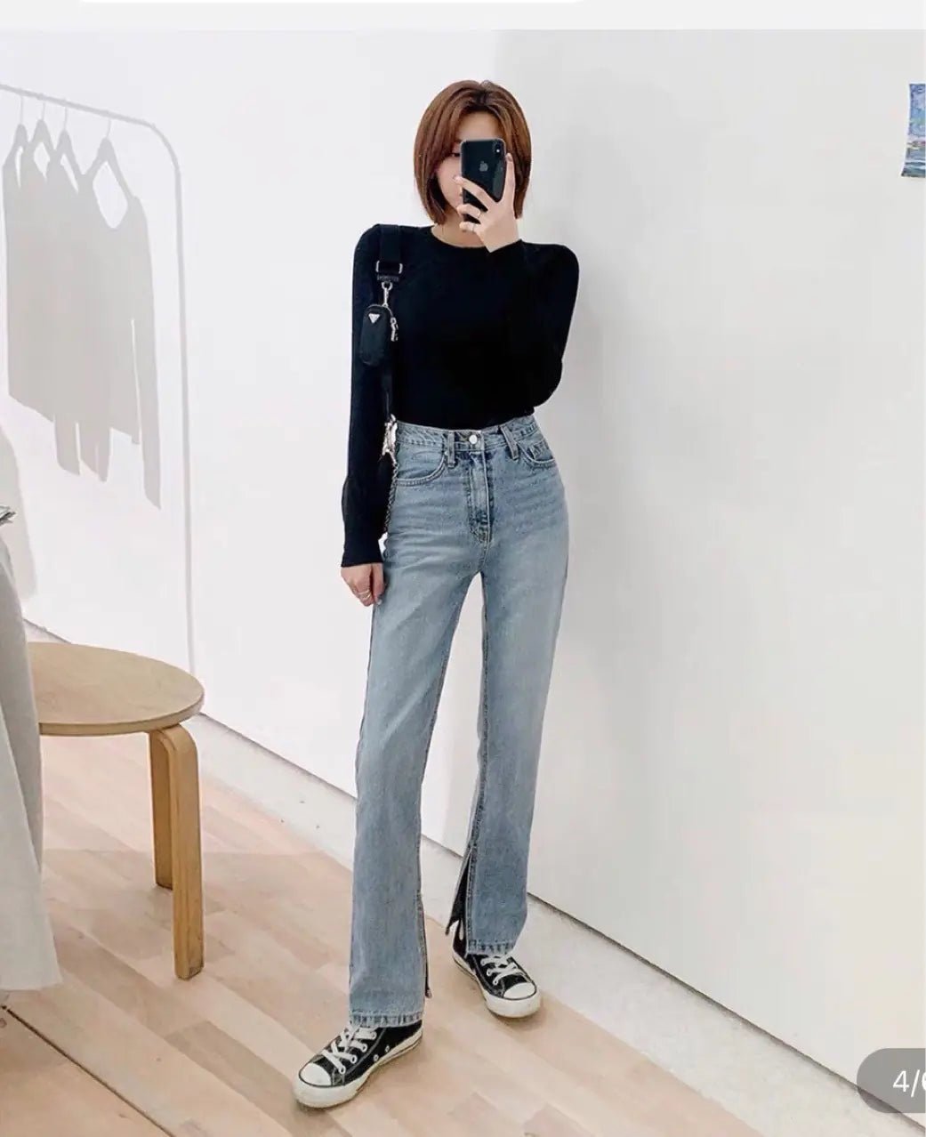 Ladies High Rise Straight Leg Jeans with Side Slit - Catch Cards