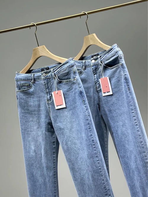 Ladies High Rise Straight Leg Jeans with Side Slit - Catch Cards