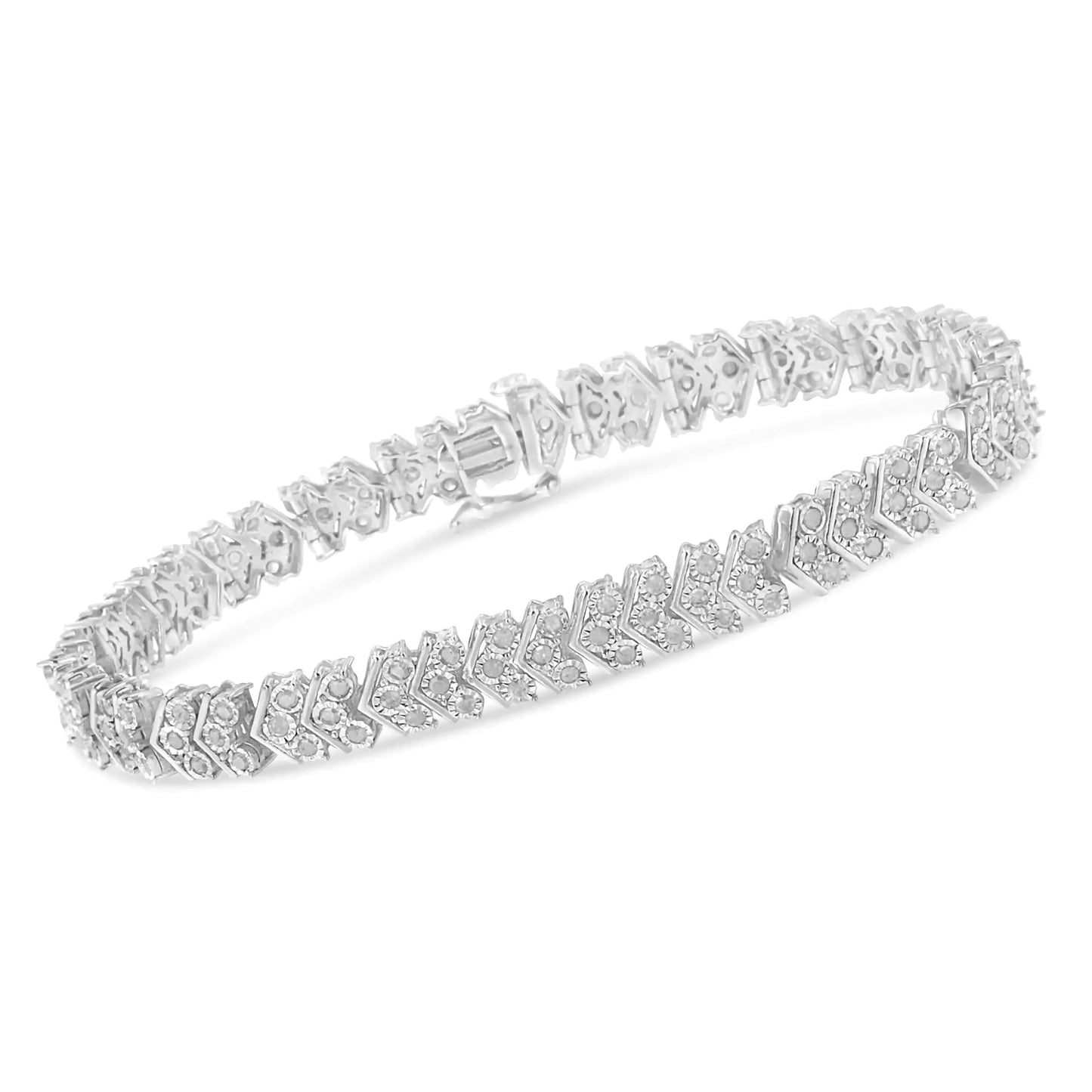 Pulseira de Tênis em Prata de Lei .925 com 2.0 Cttw de Diamantes em Conjunto Milagroso de Elo Chevron Aninhado de 7'' (Cor I-J, Clareza I3) WEM Support (www.WEM.support)