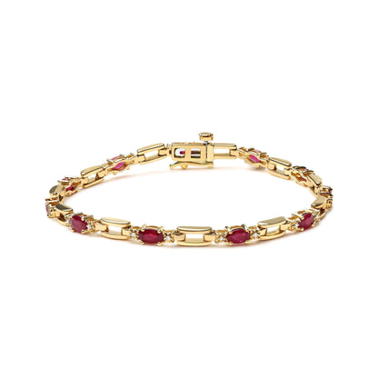 10K Yellow Gold Oval Ruby and 1/10 Cttw Diamond Bar Prong Set Bracelet (H-I Color, SI1-SI2 Clarity)  - Size 7" WEM Support (www.WEM.support)