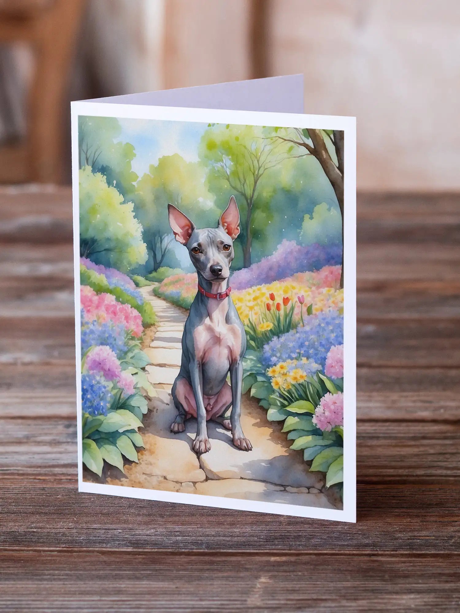American Hairless Terrier Spring Garden Greeting Cards Pack of 8 WEM Support (www.WEM.support)