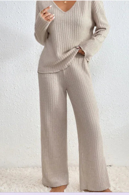 Round Neck Solid Color Fashion Knitted Top And Trousers Two-piece Set WEM Support (www.WEM.support)