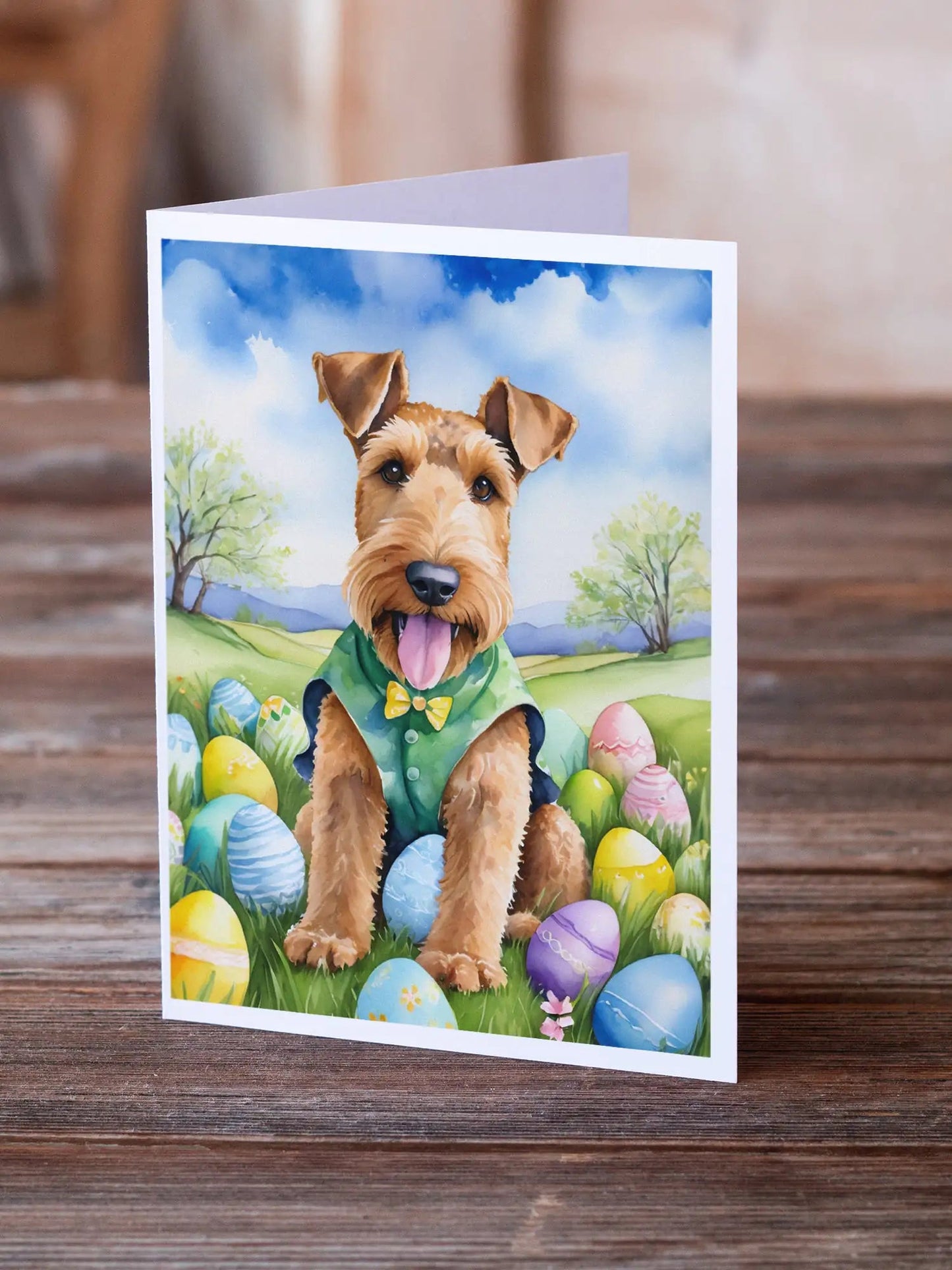 Airedale Terrier Easter Egg Hunt Greeting Cards Pack of 8 WEM Support (www.WEM.support)