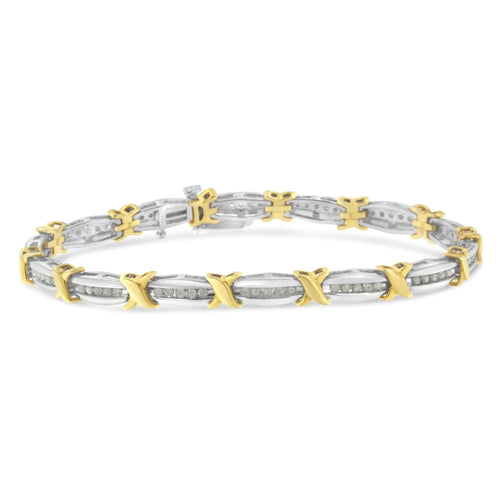 Two-Tone 10K Yellow Gold over .925 Sterling Silver 1.0 Cttw Diamond Channel Set Tapered & X-Link 7" Tennis Bracelet (H-I Color, I2-I3 Clarity) WEM Support (www.WEM.support)