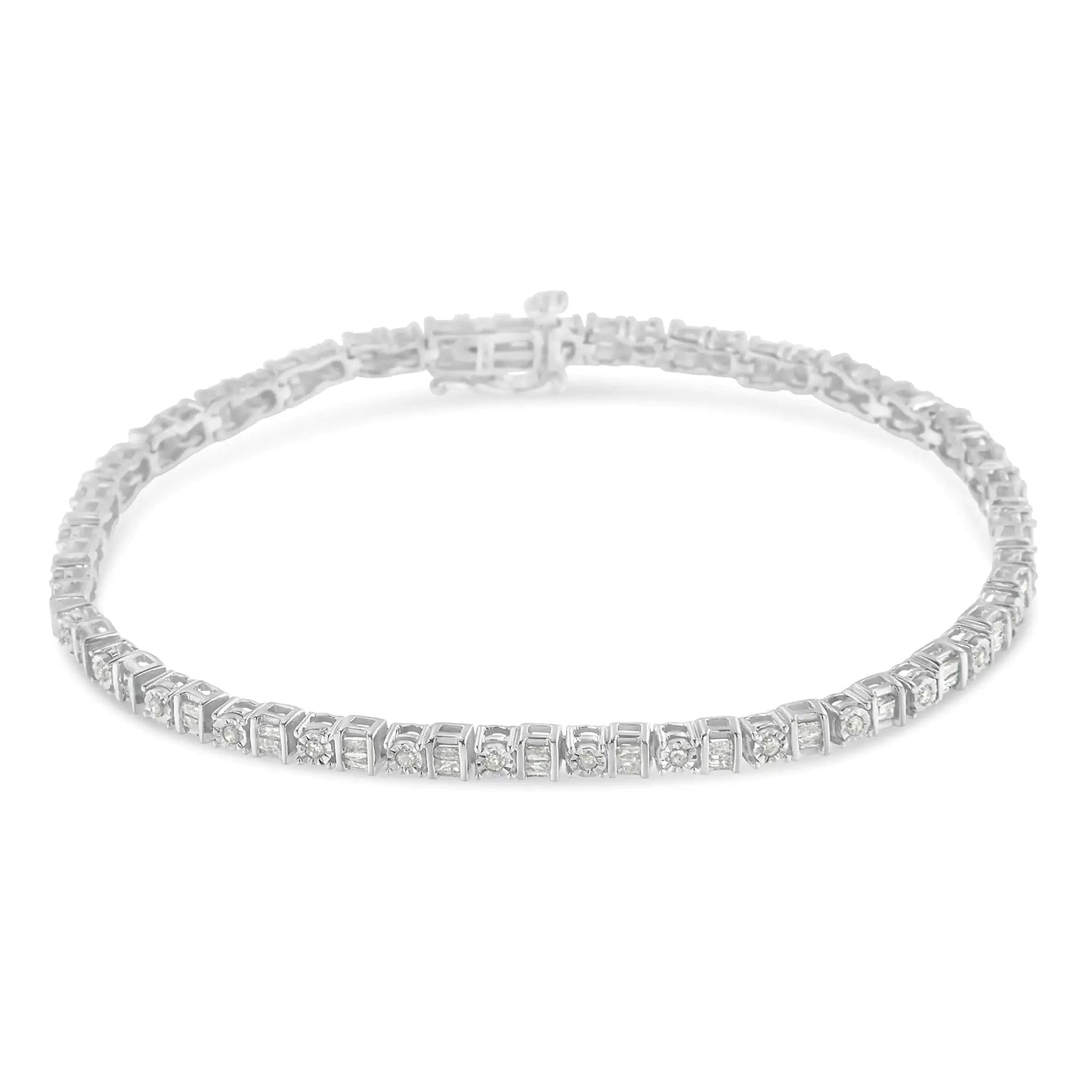 10K White Gold 1.0 Cttw Baguette & Round Diamond Alternating Link Tennis Bracelet (I-J Color, I2-I3 Clarity) - 7” WEM Support (www.WEM.support)