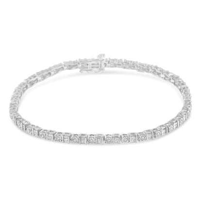 10K White Gold 1.0 Cttw Baguette & Round Diamond Alternating Link Tennis Bracelet (I-J Color, I2-I3 Clarity) - 7” WEM Support (www.WEM.support)