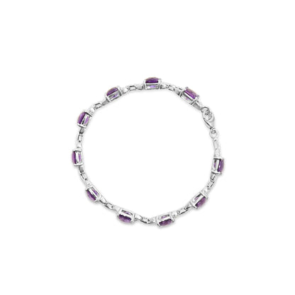 .925 Sterling Silver 7mm Cushion Cut Amethyst Gemstone and Diamond Tennis Link Bracelet (I-J Color, I1-I2 Clarity) - Size 7" WEM Support (www.WEM.support)