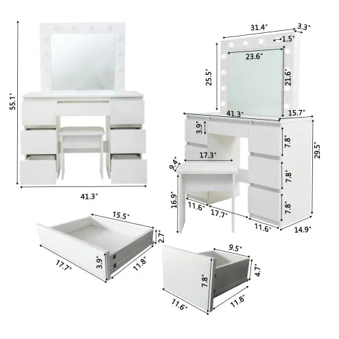 Large White Vanity Tables With Mirror And Light WEM Support (www.WEM.support)