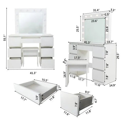 Large White Vanity Tables With Mirror And Light WEM Support (www.WEM.support)