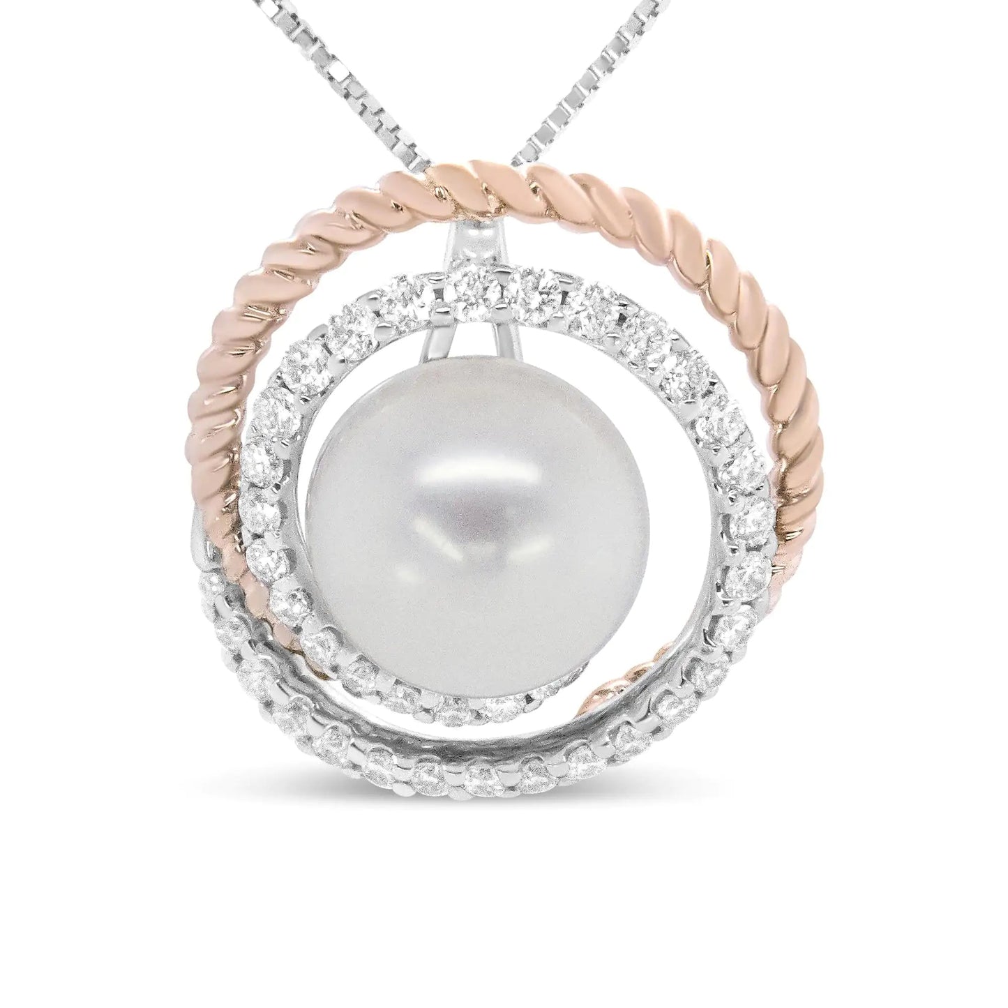 14K Rose and White Gold 3/8 Cttw Pave Diamond and 9mm Round Pearl Spiral Openwork 18" Pendant Necklace- (H-I Color, VS1-VS2 Clarity) WEM Support (www.WEM.support)