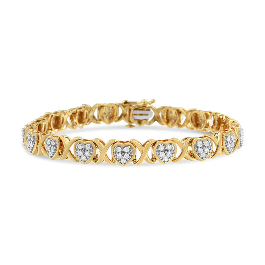 14KY Yellow Gold Plated .925 Sterling Silver 1.00 Cttw Diamond Heart and X Link Bracelet (I-J Color, I3 Clarity) - 7.25" Inches WEM Support (www.WEM.support)