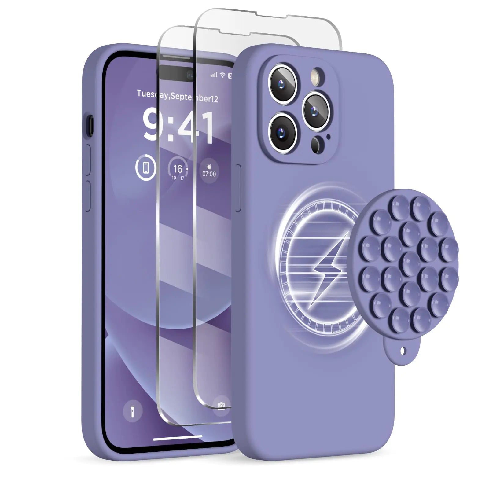 Magnetic for iPhone 14 Pro Max Case, Compatible with MagSafe, [Full Camera Protection][2 Screen Protectors], Suction Cup Phone Mount Silicone Shockproof Protective Phone Case 6.7", Stone - Catch Cards