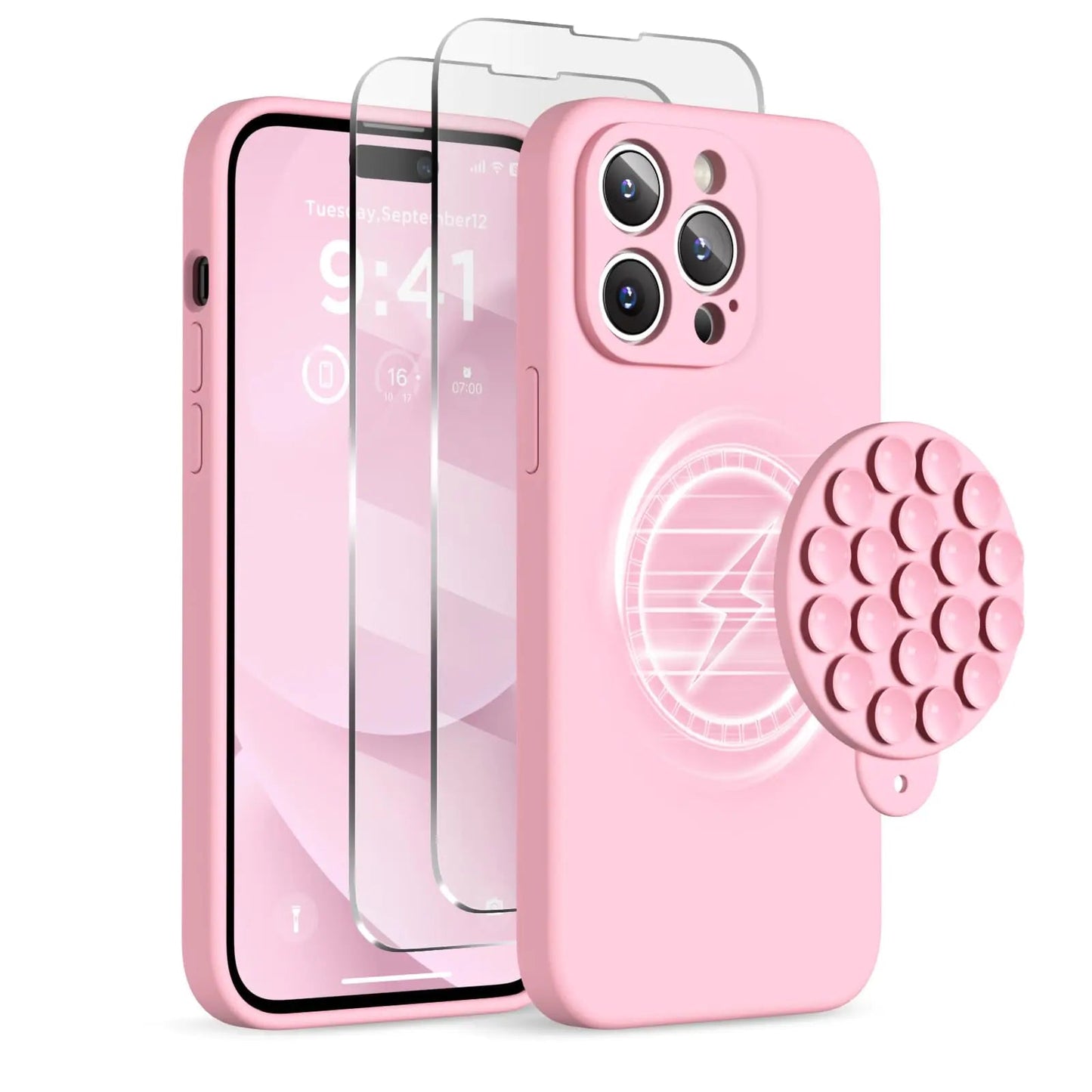 Magnetic for iPhone 14 Pro Max Case, Compatible with MagSafe, [Full Camera Protection][2 Screen Protectors], Suction Cup Phone Mount Silicone Shockproof Protective Phone Case 6.7", Stone - Catch Cards