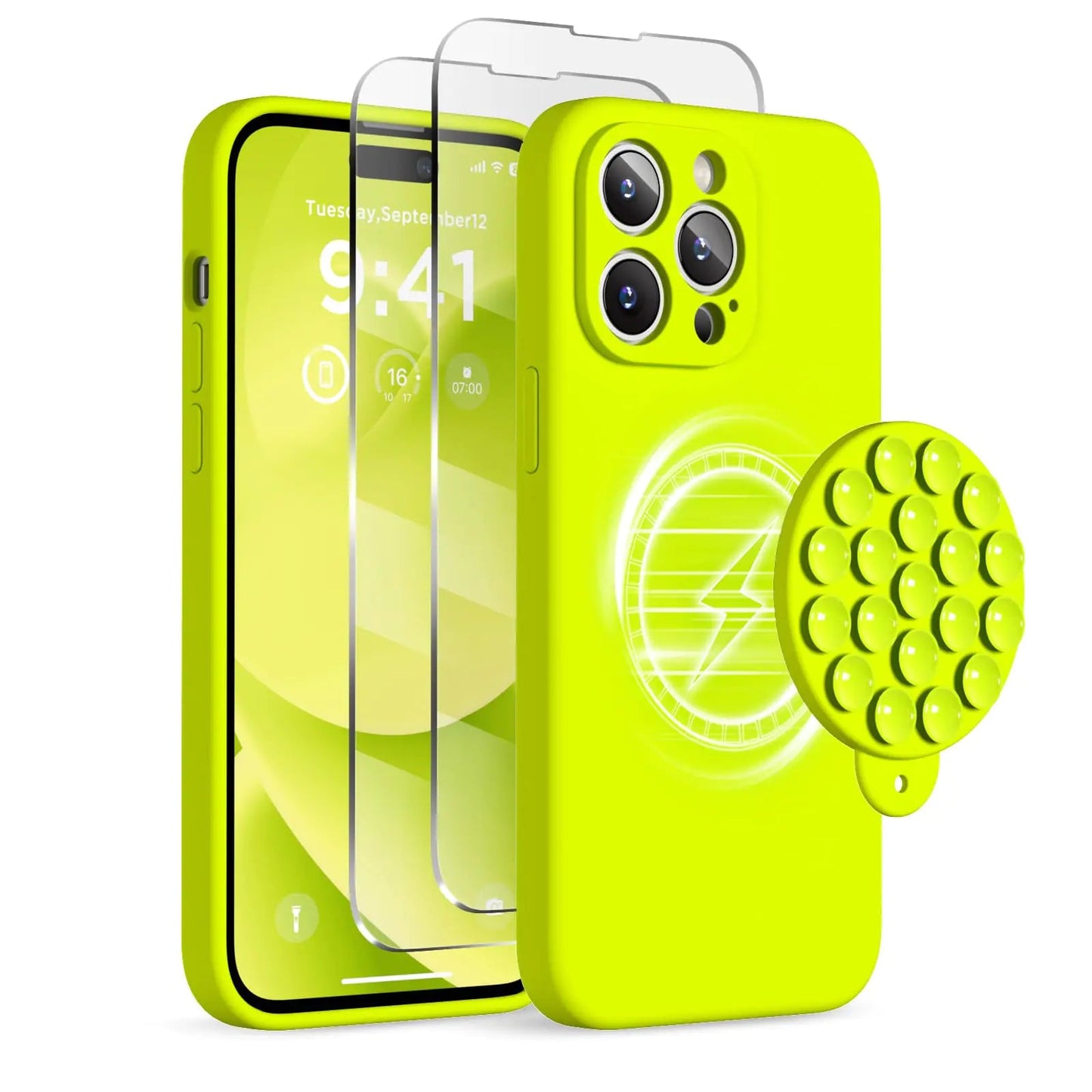 Magnetic for iPhone 14 Pro Max Case, Compatible with MagSafe, [Full Camera Protection][2 Screen Protectors], Suction Cup Phone Mount Silicone Shockproof Protective Phone Case 6.7", Stone - Catch Cards