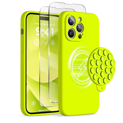 Magnetic for iPhone 14 Pro Max Case, Compatible with MagSafe, [Full Camera Protection][2 Screen Protectors], Suction Cup Phone Mount Silicone Shockproof Protective Phone Case 6.7", Stone - Catch Cards