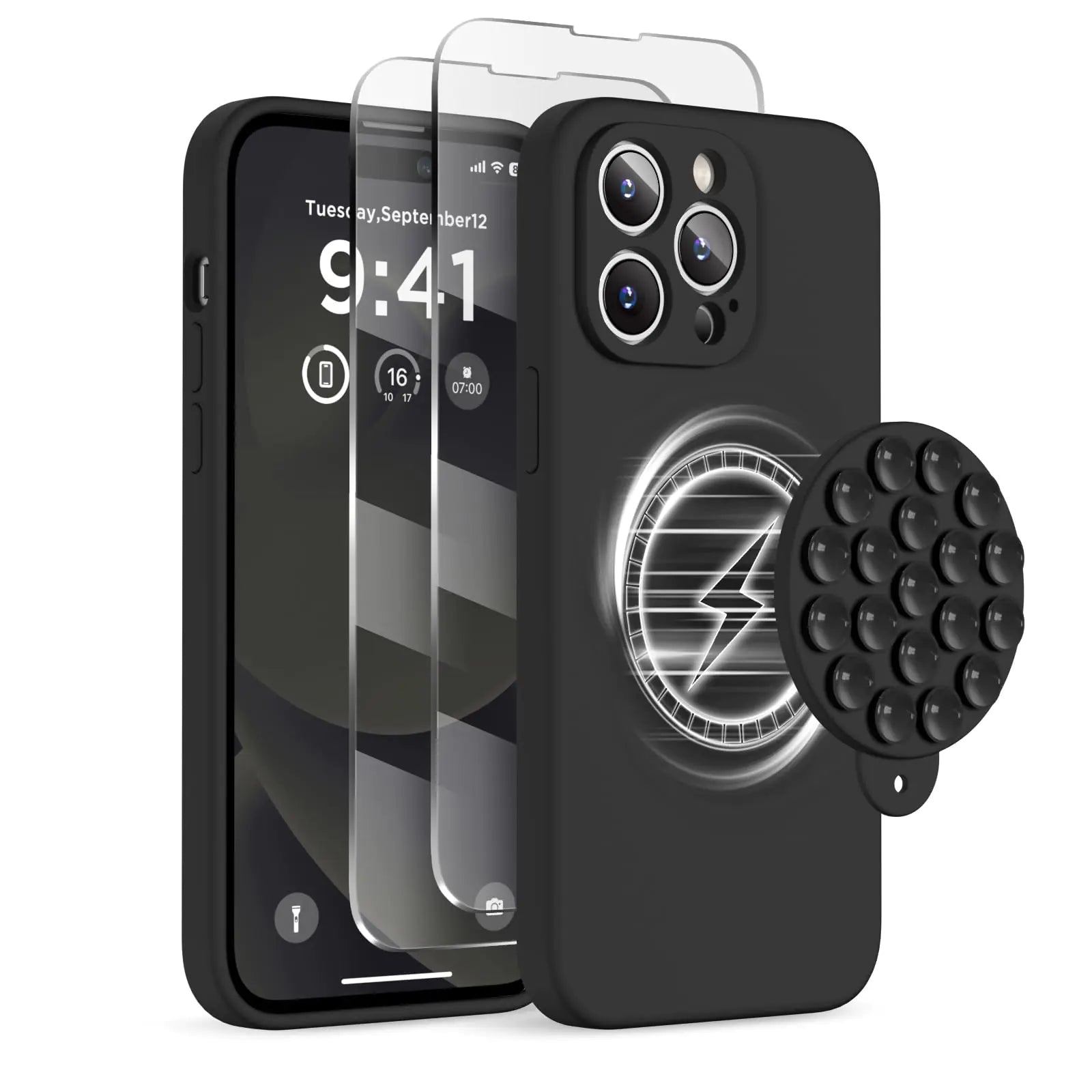 Magnetic for iPhone 14 Pro Max Case, Compatible with MagSafe, [Full Camera Protection][2 Screen Protectors], Suction Cup Phone Mount Silicone Shockproof Protective Phone Case 6.7", Stone - Catch Cards