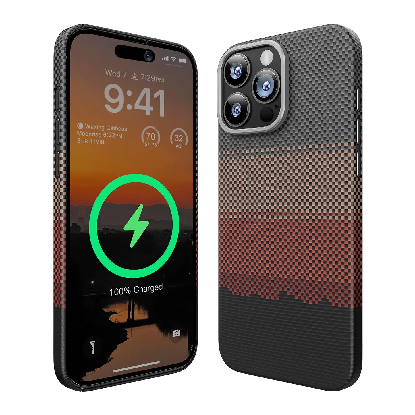 A black carbon fiber case for iPhone 16 Pro with a graphic design on the back, showing a magnetic attachment point for charging.