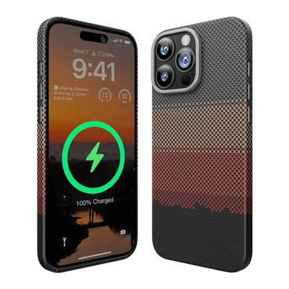 A black carbon fiber case for iPhone 16 Pro with a graphic design on the back, showing a magnetic attachment point for charging.