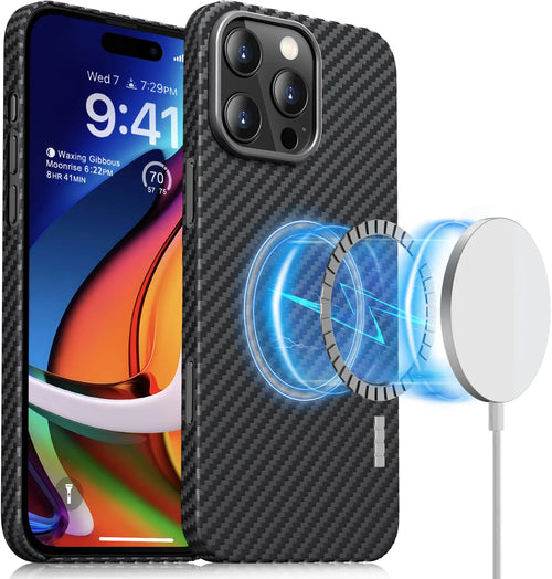 A black carbon fiber case for iPhone 16 Pro with a graphic design on the back, showing a magnetic attachment point for charging.