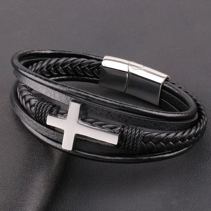 Men's Retro Braided Leather & Steel Bracelet - Catch Cards