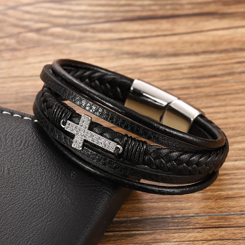 Men's Retro Braided Leather & Steel Bracelet - Catch Cards