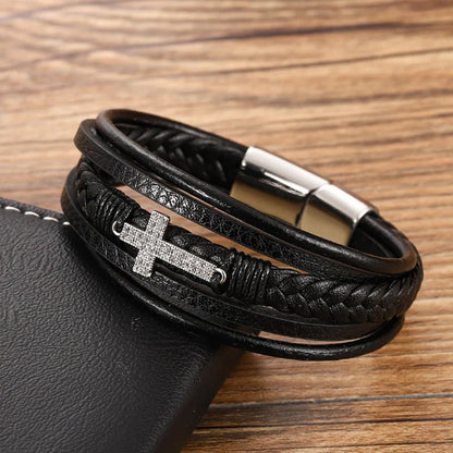 Men's Retro Braided Leather & Steel Bracelet - Catch Cards