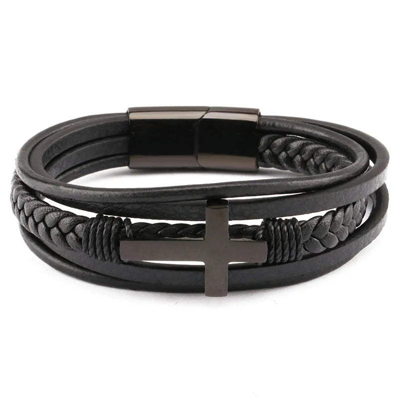 Men's Retro Braided Leather & Steel Bracelet - Catch Cards