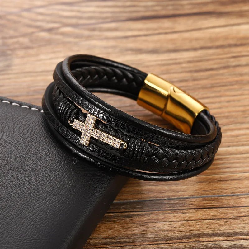 Men's Retro Braided Leather & Steel Bracelet - Catch Cards