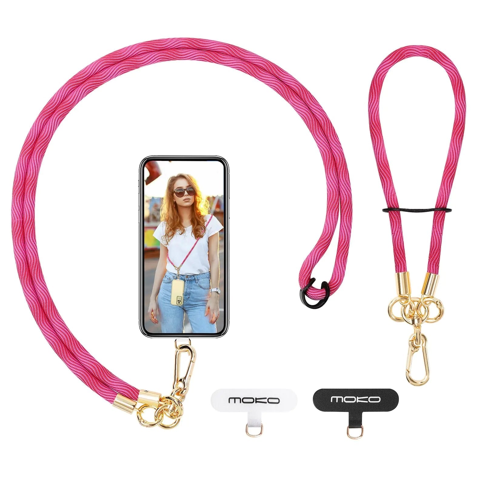 MoKo Crossbody Phone Lanyard, Adjustable Cell Phone Lanyard, Premium 8mm Thick Rope Mobile Phone Lanyard for iPhone, Samsung,and More | Phone Neck Strap×1, Wrist Strapx1, Lanyard Patch×2, Black - Catch Cards