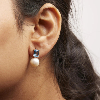 14K Rose Gold 10MM Cultured Freshwater Pearl and 8x6mm Octagon Swiss Blue Topaz Drop Earrings WEM Support (www.WEM.support)