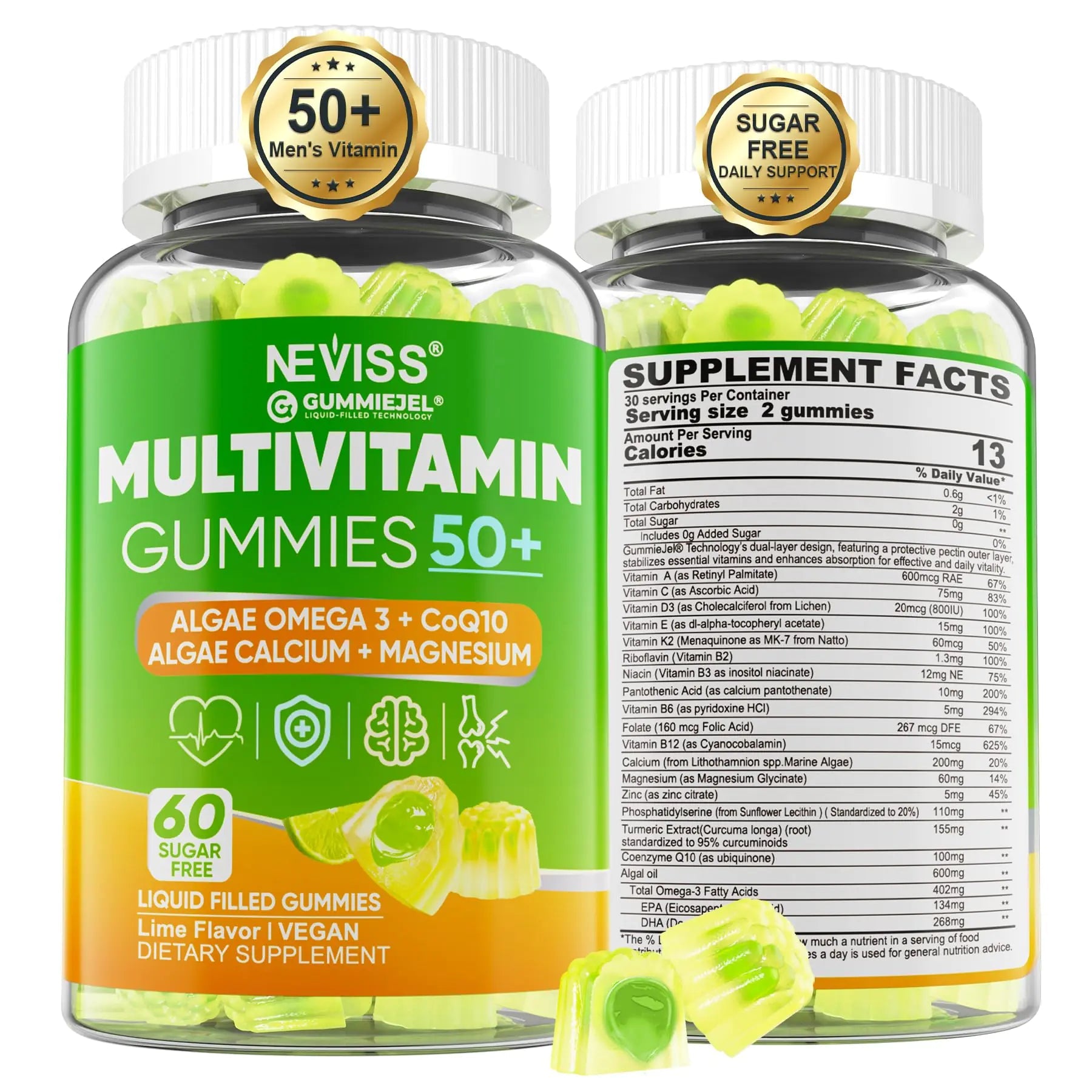 Multivitamínico para Hombres 50 + Plus Gomitas Multivitamínicas sin Azúcar con Omega - 3 Coq10 D3k2 Calcio Magnesio Zinc Vitaminas A C & E Vitaminas para hombres para el 𝖧𝖾❤𝖱𝗍 Antioxidante Cerebro Hueso 60cts // Multivitamin for Men 50+ - Catch Cards
