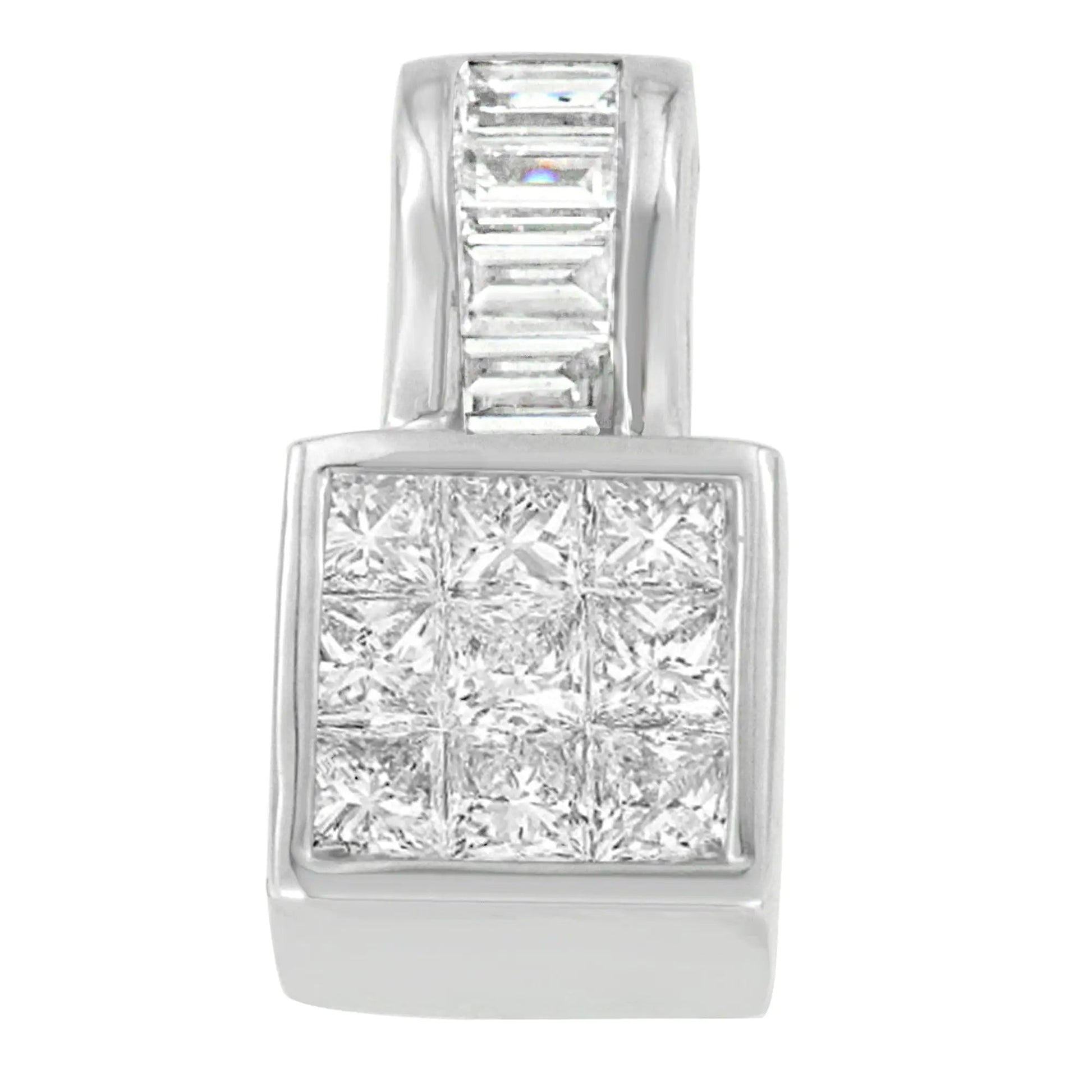 14K White Gold Princess and Baguette Cut Diamond Square Halo Pendant Necklace (1 1/2 cttw, H-I Color, SI1-SI2 Clarity) WEM Support (www.WEM.support)