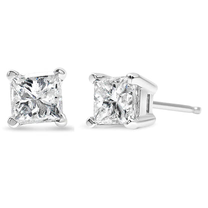 AGS Certified 14k White Gold 1.0 Cttw 4-Prong Set Princess-Cut Solitaire Diamond Push Back Stud Earrings for Women (E-F Color, I1-I2 Clarity) WEM Support (www.WEM.support)