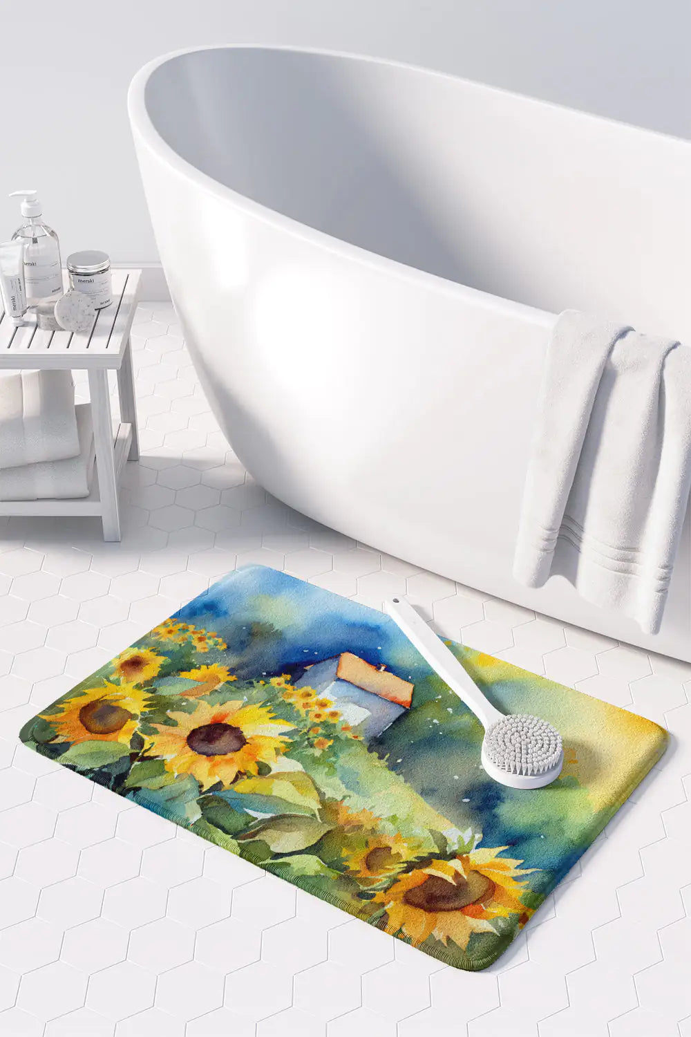 Sunflowers in Watercolor Memory Foam Kitchen Mat WEM Support (www.WEM.support)