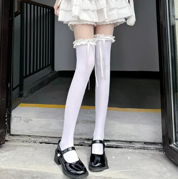 Women's White Silk Knee-High Thin Velvet Stockings WEM Support (www.WEM.support)