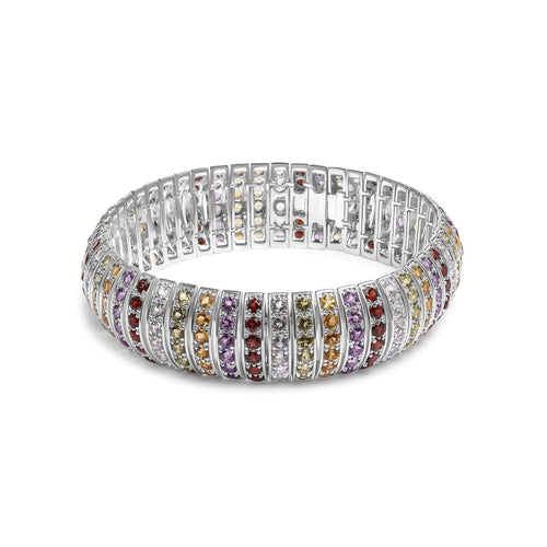 .925 Sterling Silver Multi Row Rainbow Gemstone  Bangle Bracelet - 7.5" Inches WEM Support (www.WEM.support)