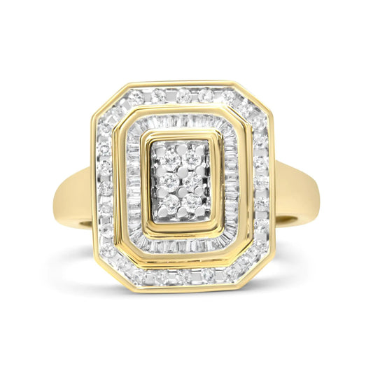 10K Yellow Gold 1.0 Cttw Diamond Vintage Inspired Baguette-Cut Double Halo Emerald-Shaped Frame Cocktail Ring (I-J Color, I1-I2 Clarity) WEM Support (www.WEM.support)
