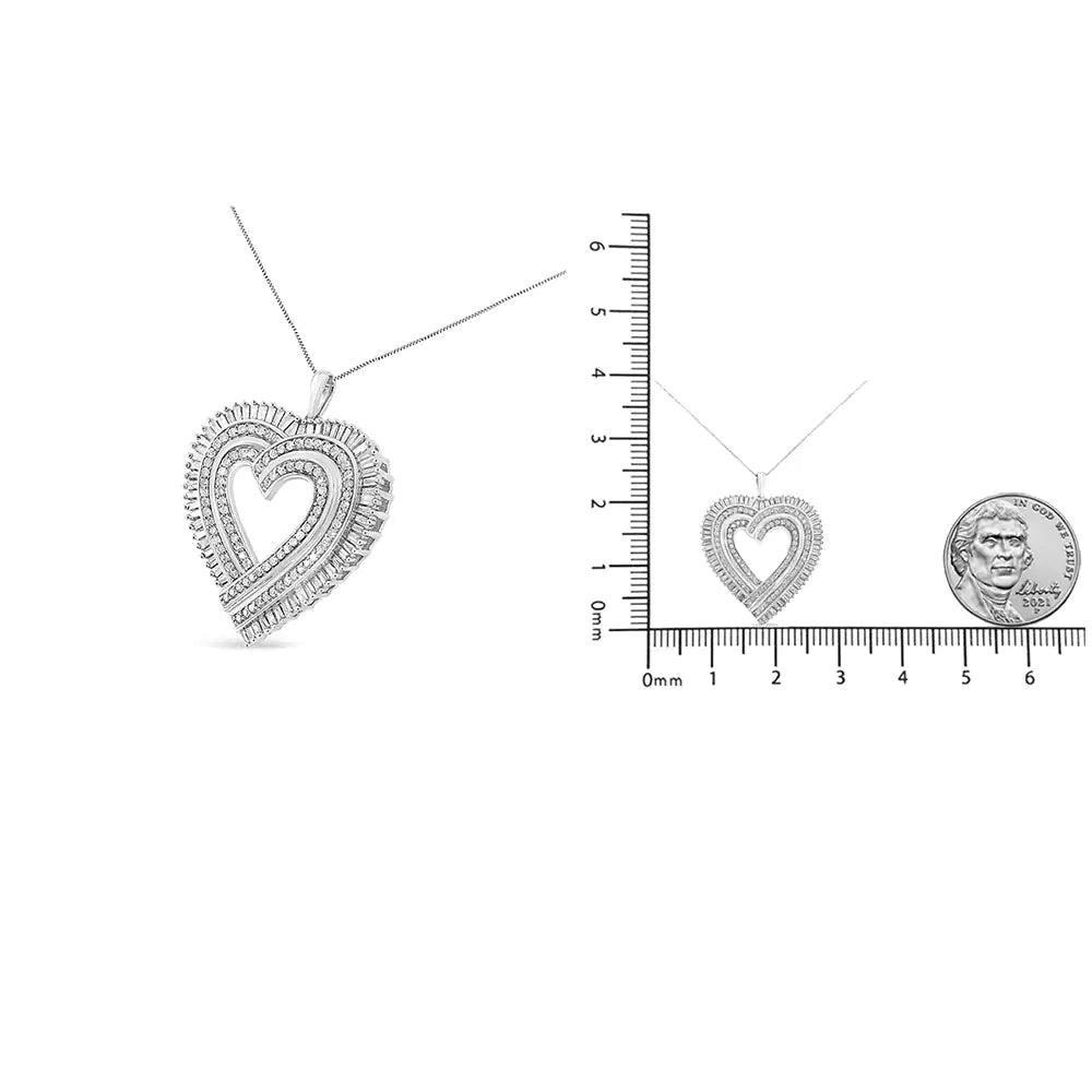 .925 Sterling Silver 1 1/4 Cttw Round and Baguette-Cut Diamond Composite Heart 18" Pendant Necklace (I-J Color, I1-I2 Clarity) WEM Support (www.WEM.support)