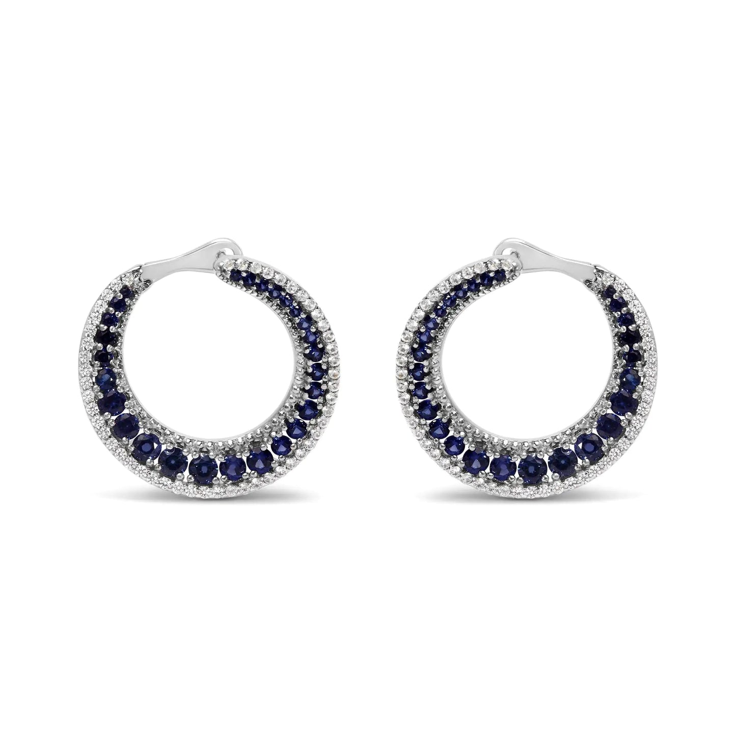 .925 Sterling Silver 2 3/4 Cttw Created Blue Sapphire Crescent Moon Disc Style Hoop Earrings - AAA Quality WEM Support (www.WEM.support)