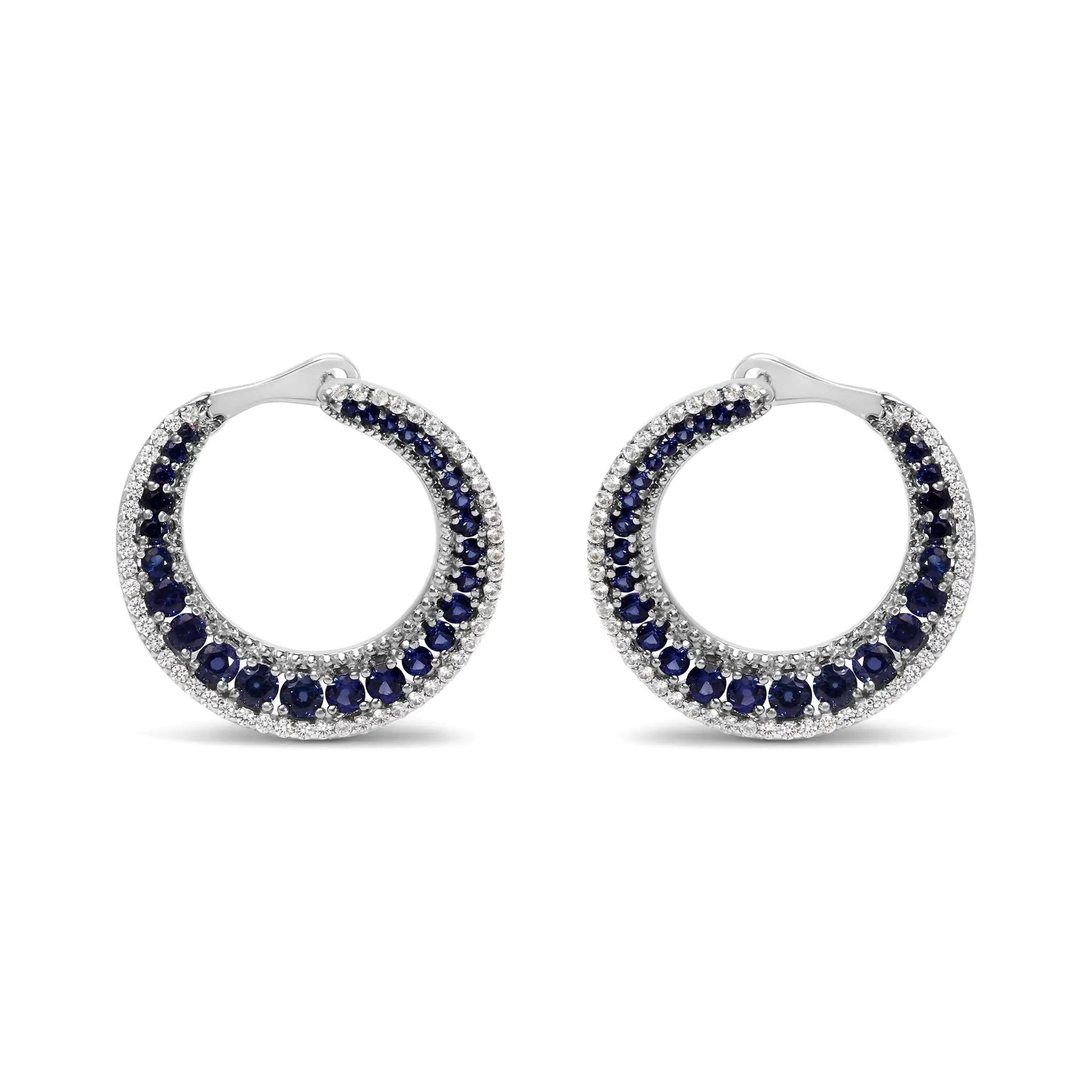 .925 Sterling Silver 2 3/4 Cttw Created Blue Sapphire Crescent Moon Disc Style Hoop Earrings - AAA Quality WEM Support (www.WEM.support)