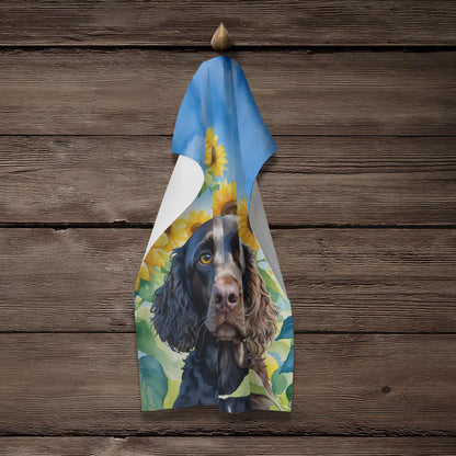 American Water Spaniel in Sunflowers Kitchen Towel WEM Support (www.WEM.support)