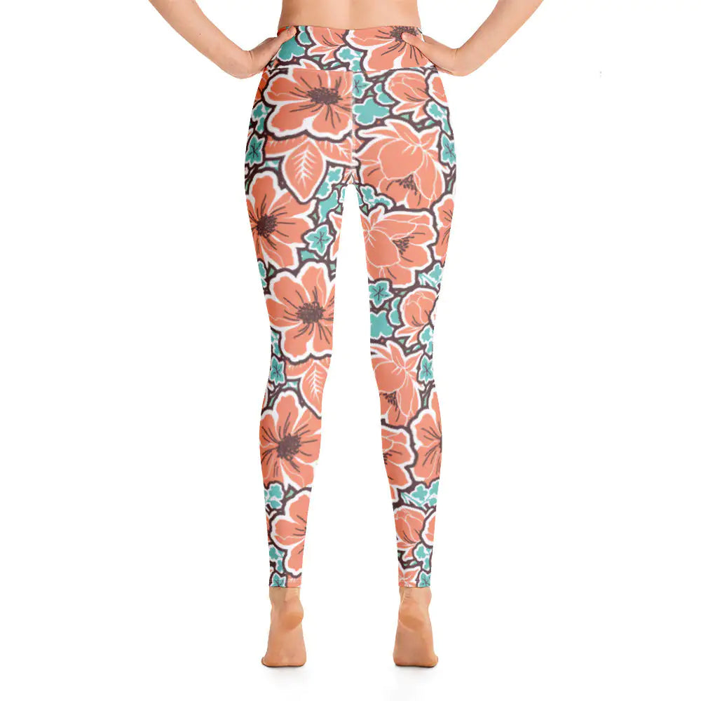 Women's Tropical Red Floral Yoga Leggings WEM Support (www.WEM.support)
