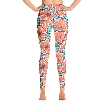 Women's Tropical Red Floral Yoga Leggings WEM Support (www.WEM.support)