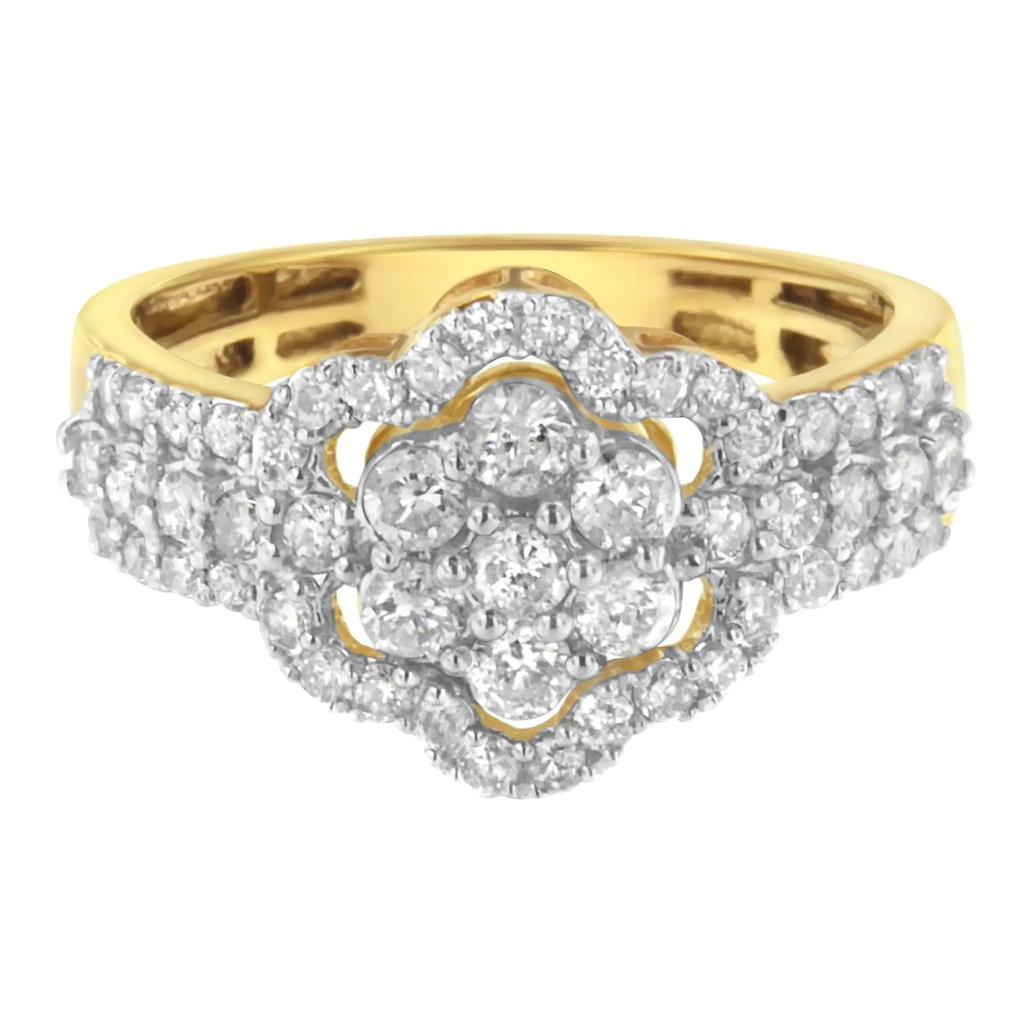 10K Yellow Gold Plated .925 Sterling Silver 1.0 Cttw Diamond Flower Cluster Open Halo Floral Ring (J-K Color, I2-I3 Clarity) WEM Support (www.WEM.support)