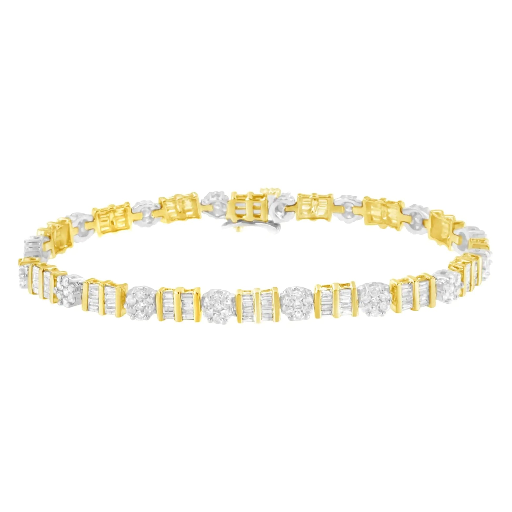 14K Gold 3-3/8 Cttw Round & Baguette-Cut Diamond Cluster Alternating Station 7" Tennis Bracelet (H-I Color, I1-I2 Clarity) WEM Support (www.WEM.support)