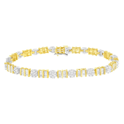 14K Gold 3-3/8 Cttw Round & Baguette-Cut Diamond Cluster Alternating Station 7" Tennis Bracelet (H-I Color, I1-I2 Clarity) WEM Support (www.WEM.support)