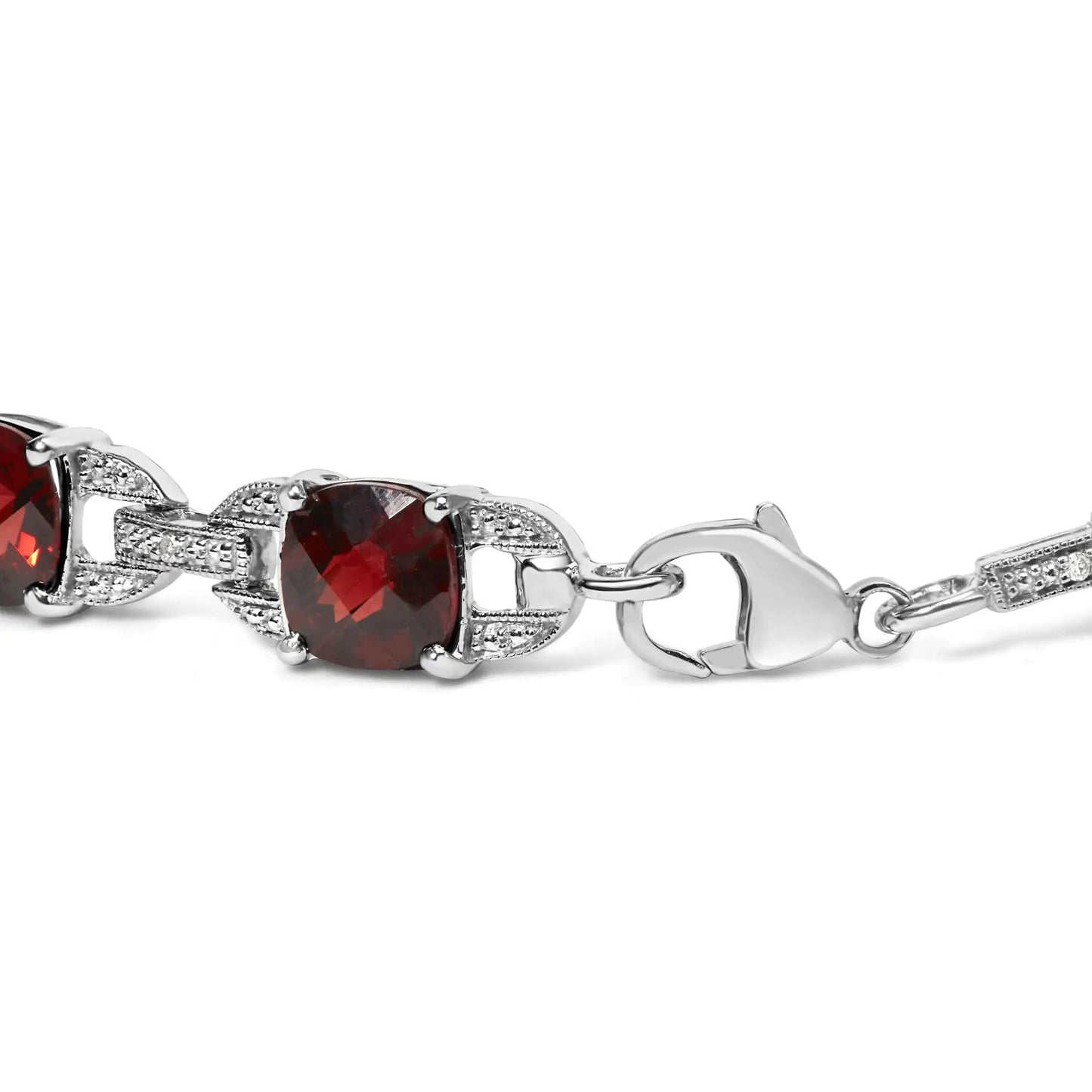 .925 Sterling Silver 7x7mm Checkered Cushion Red Garnet and Diamond Accent Fashion Tennis Link Bracelet (I-J Color, I1-I2 Clarity) - Size 7" Inch WEM Support (www.WEM.support)