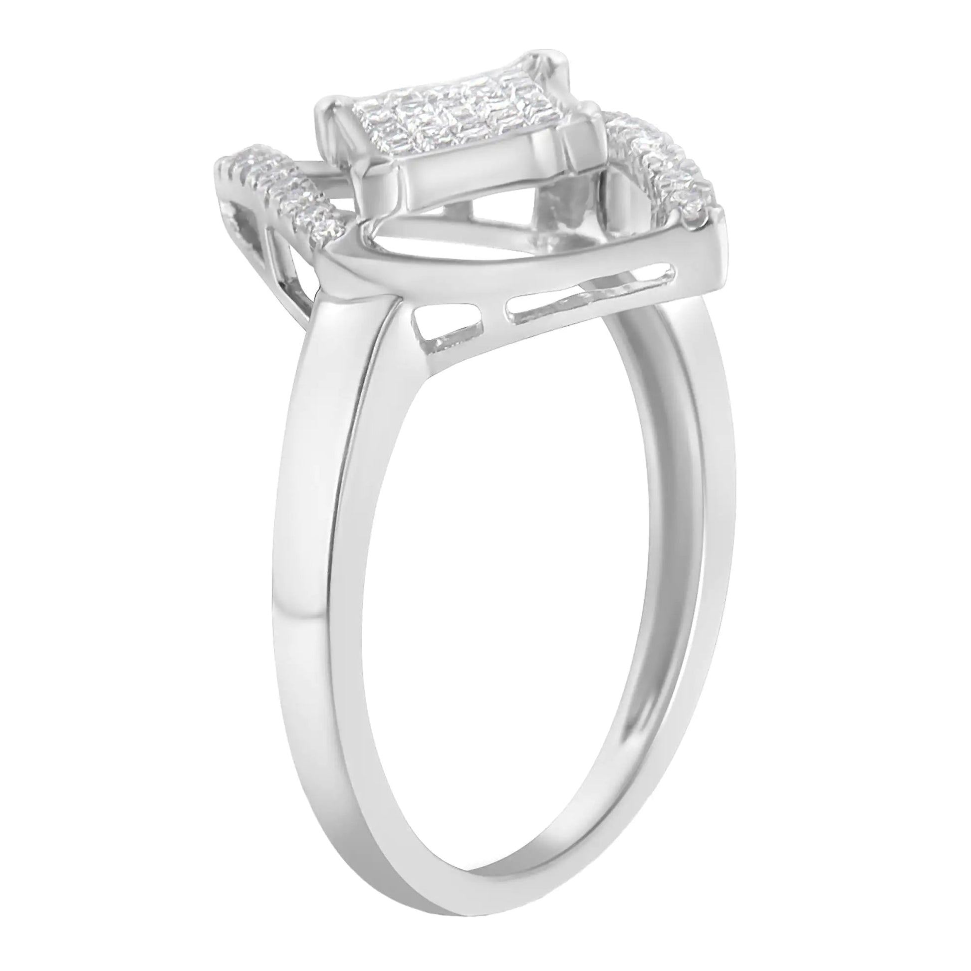 10k White Gold 1/3 Cttw Round and Princess Diamond Double Triangle Cocktail Ring (H-I Color, SI1-SI2 Clarity) WEM Support (www.WEM.support)