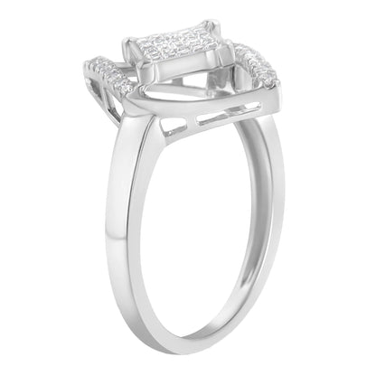 10k White Gold 1/3 Cttw Round and Princess Diamond Double Triangle Cocktail Ring (H-I Color, SI1-SI2 Clarity) WEM Support (www.WEM.support)