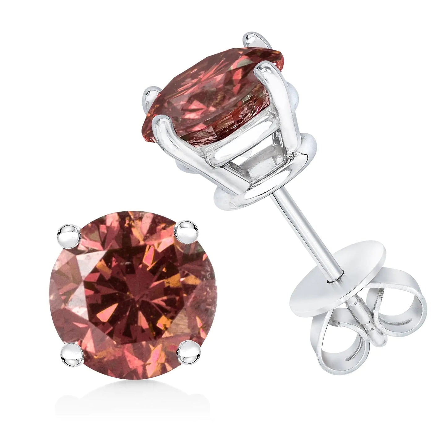 14K Gold 4-Prong Set Round Brilliant-Cut Pink Diamond Solitaire Stud Earrings (Treated Pink Color, VS2-SI1 Clarity) WEM Support (www.WEM.support)